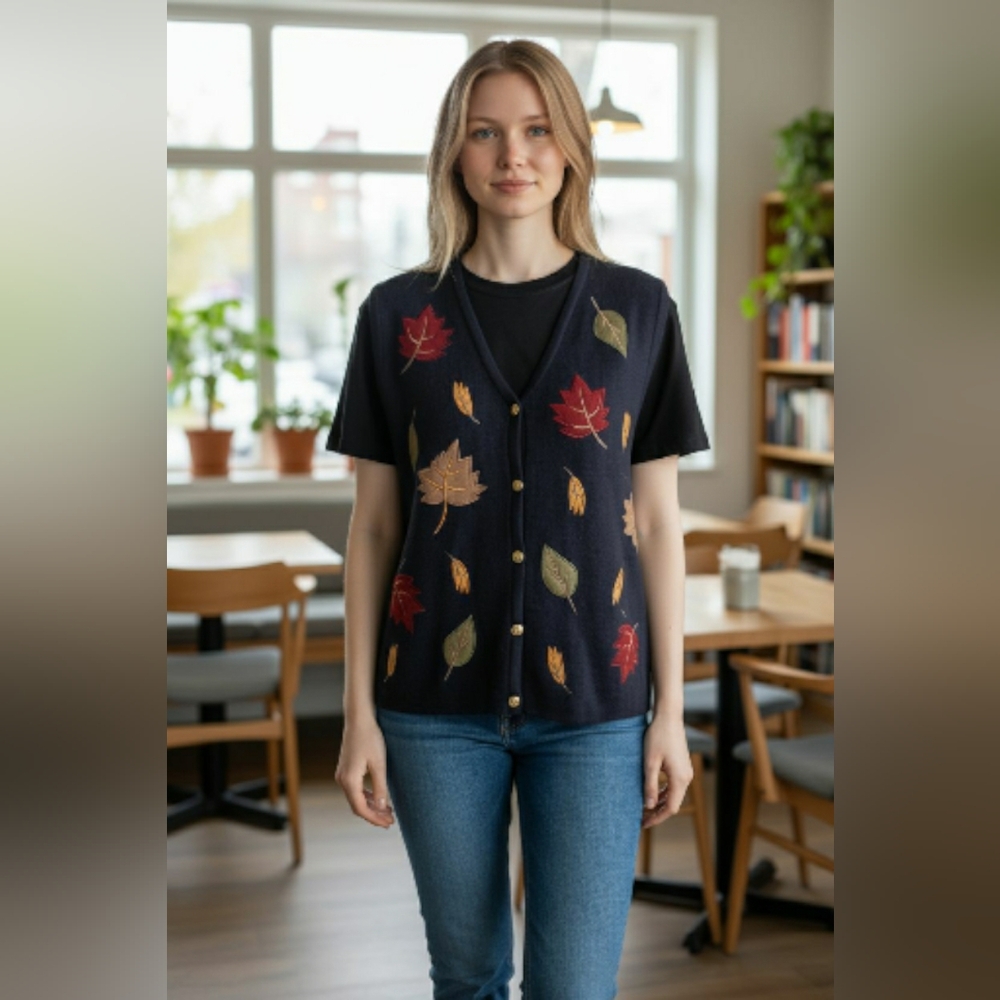Vintage Croft & Barrow Embroidered Falling Leaves Button Sweater Vest PET M Fall - Picture 13 of 13